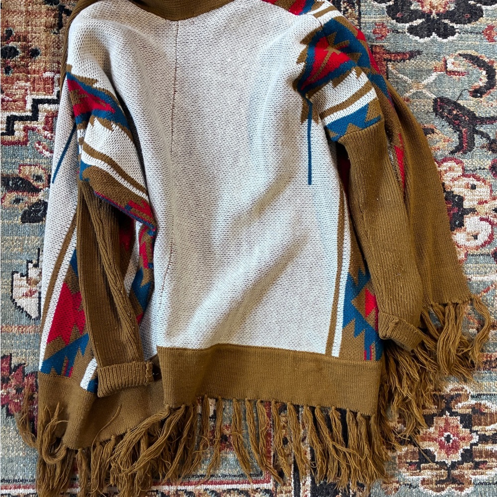 Southwestern Fringe Knit Longline Brown Open Front Cardigan - Picture 8 of 8